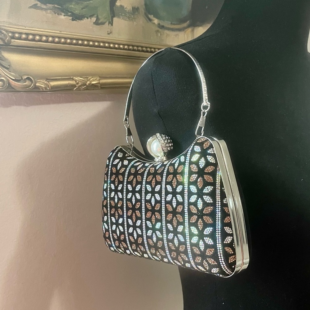 New handmade bedazzled metal clutch bag for women black silver gold rhinestones
